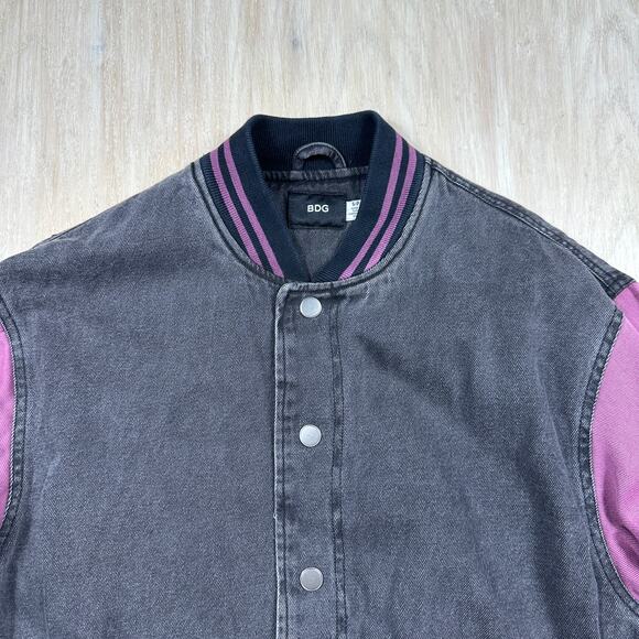 BDG Colorblock Varsity Black & Purple Long Sleeve Snap Front Bomber Jacket Small - Picture 2 of 12